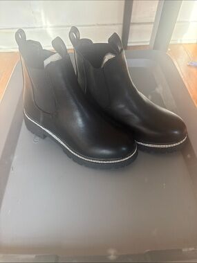 Black Chelsea Ankle Boots with Rhinestone Trim